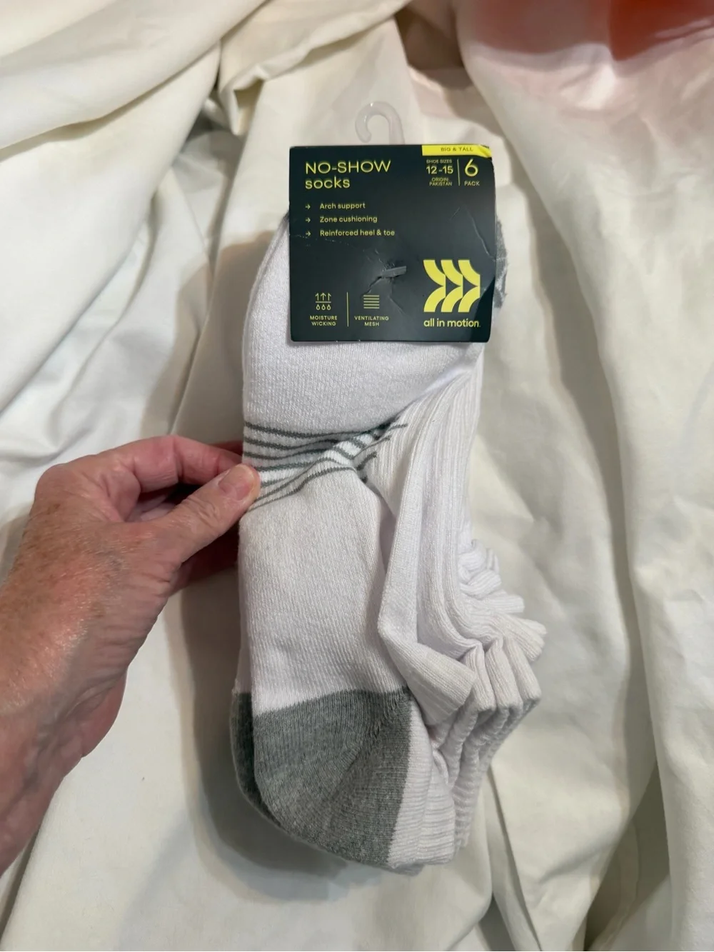 All in Motion Men’s No-Show Socks - White with Gray Accents (6 Pack)